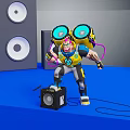 Pink Haired Character With Large Headphones And Microphone Standing Near Speakers On Blue Floor