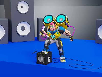 Pink Haired Character With Large Headphones And Microphone Standing Near Speakers On Blue Floor 3d model