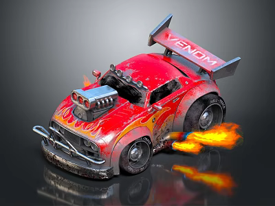 Red Custom Muscle Car With Venom Logo Flame Graphics Exposed Engine And Wheel Flames 3d model