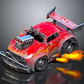 Red Custom Muscle Car With Venom Logo Flame Graphics Exposed Engine And Wheel Flames