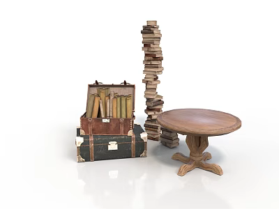 Stacked Suitcases With Tall Book Stack And Round Wooden Table In Interior 3d model