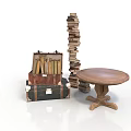 Stacked Suitcases With Tall Book Stack And Round Wooden Table In Interior