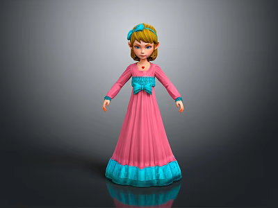 Little Girl in Pink Long Dress with Blue Trim Blonde Hair and Blue Hair Accessory 3d model