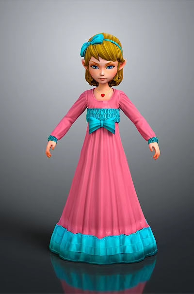 Little Girl in Pink Long Dress with Blue Trim Blonde Hair and Blue Hair Accessory 3d model