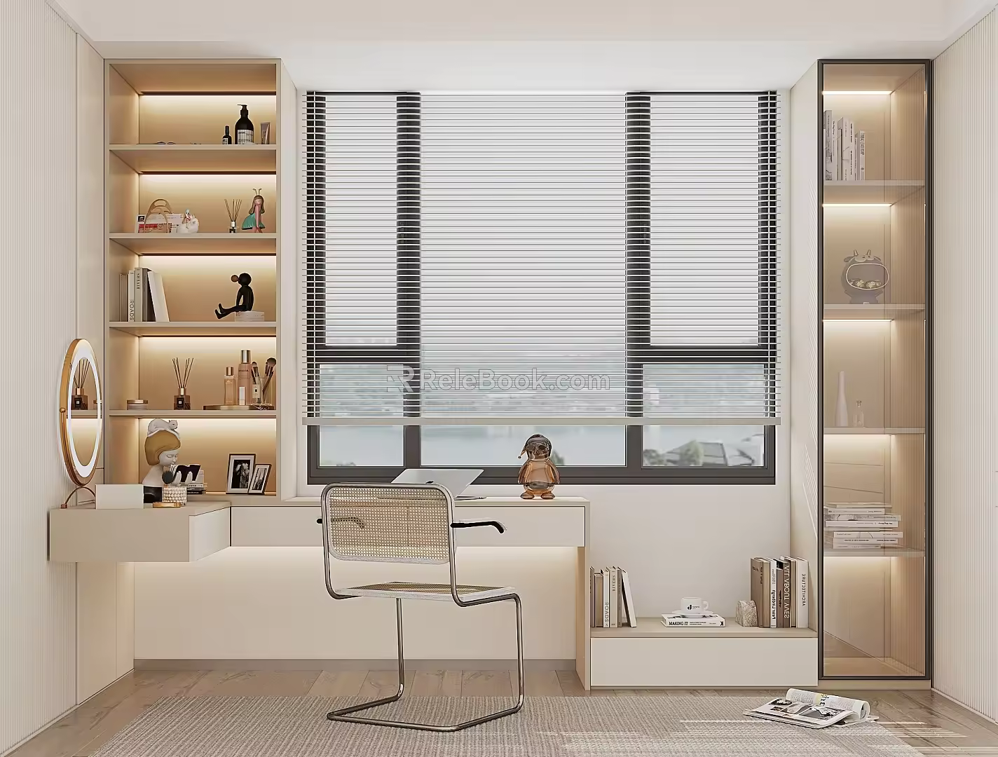 Modern Desk and Chair Desk Bookcase Book Makeup Table 3d model
