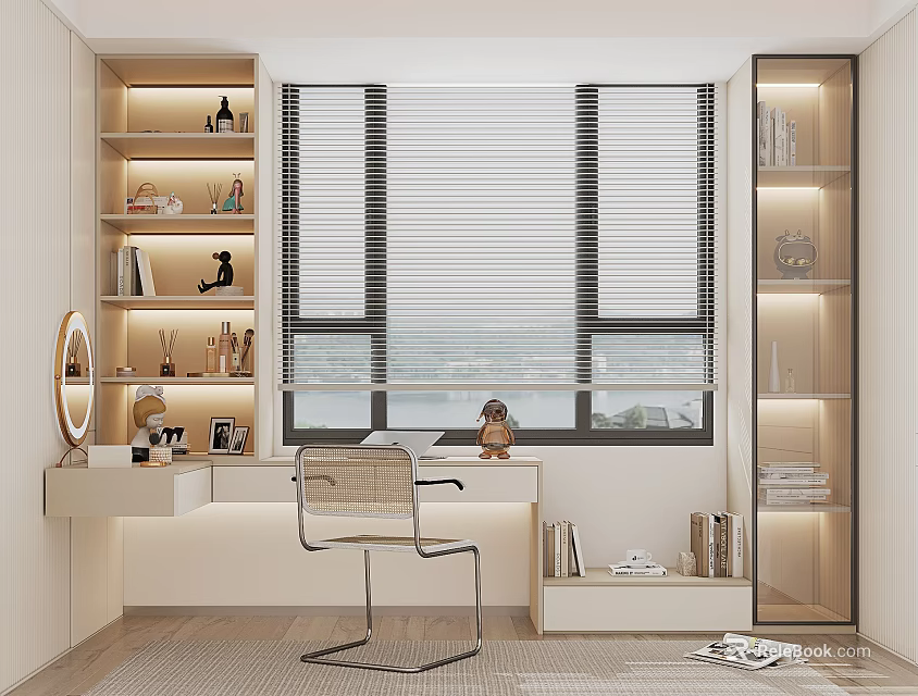 Modern Home Office Desk With Window Blinds Bookshelves Decorations And Transparent Chair 3d model 