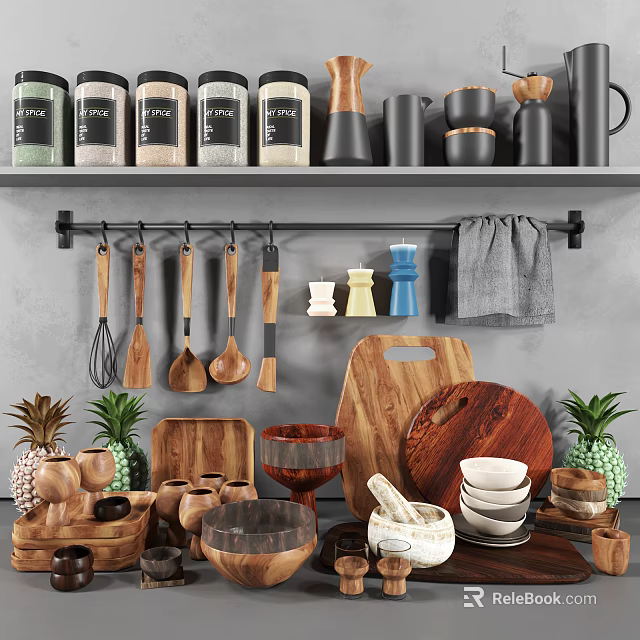 Hanging Wooden Kitchen Utensils With Cutting Boards Jars And Pineapple Decor On Shelf 3d model 