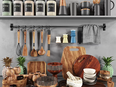 Hanging Wooden Kitchen Utensils With Cutting Boards Jars And Pineapple Decor On Shelf 3d model