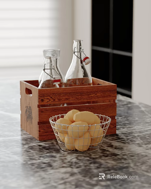 Decorative Ornament Set With Wooden Crate Glass Bottles Metal Wire Basket And Potatoes On Countertop 3d model 