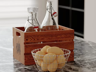 Decorative Ornament Set With Wooden Crate Glass Bottles Metal Wire Basket And Potatoes On Countertop 3d model