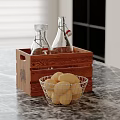 Decorative Ornament Set With Wooden Crate Glass Bottles Metal Wire Basket And Potatoes On Countertop