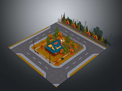 Scenic View at Crossroads Featuring Blue Roofed House and Trees With Orange Leaves 3d model