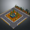 Scenic View at Crossroads Featuring Blue Roofed House and Trees With Orange Leaves
