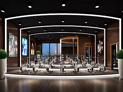 Modern Fitness Gym Interior With Multiple Exercise Equipment Mirror Walls Ceiling Lights And Green Plants 3d model