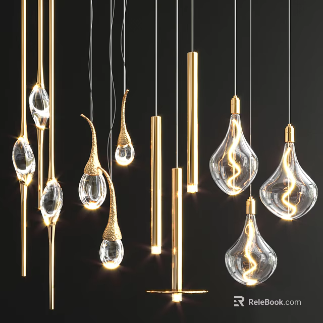 Modern Glass Pendant Lights With Gold Metal Frames And Various Unique Designs Hanging 3d model 