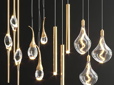 Modern Glass Pendant Lights With Gold Metal Frames And Various Unique Designs Hanging 3d model