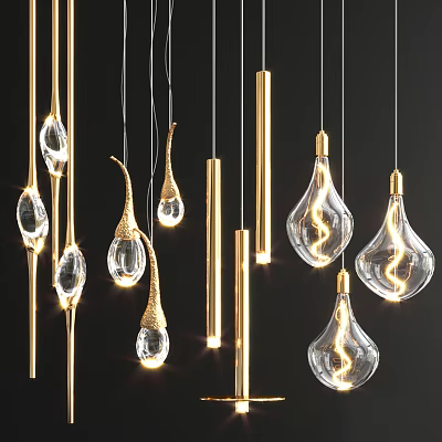 Modern Glass Pendant Lights With Gold Metal Frames And Various Unique Designs Hanging 3d model