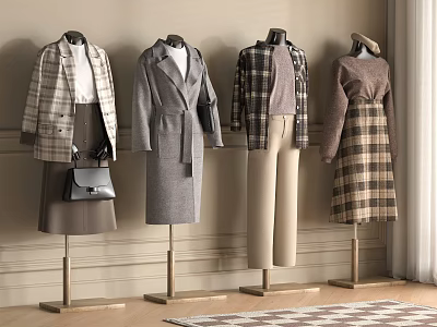 Neutral Tones Clothing Store Display With Plaid Coats Knitwear And Skirt Pants 3d model