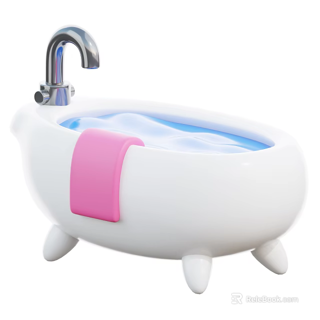 Kids Play Equipment White Bathtub With Silver Faucet Blue Water Pink Towel And Small Feet 3d model 