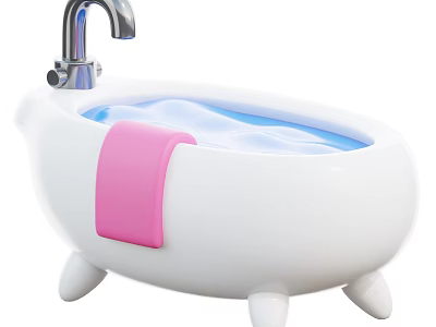 Kids Play Equipment White Bathtub With Silver Faucet Blue Water Pink Towel And Small Feet 3d model