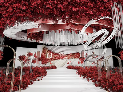 Elegant Wedding Banquet Hall With Red Floral Decorations White Aisle And Circular Pendants 3d model