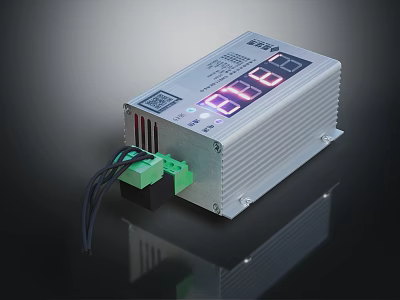 Industrial Electronic Device Featuring Silver Casing Digital Display Screen Green Terminal And Black Wires 3d model