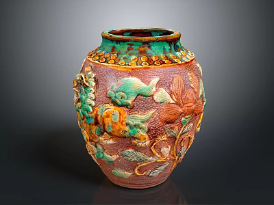 Intricate Colorful Sculpted Vase With Fish Flowers And Leaves Relief Design 3d model