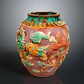 Intricate Colorful Sculpted Vase With Fish Flowers And Leaves Relief Design