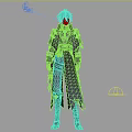 Man With Blue Hair Wearing Black And Purple Outfit Long Coat Boots And Sword