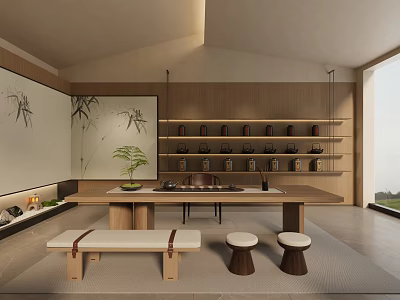 Traditional Wooden Tea Room Interior With Tea Set Bench And Stools 3d model