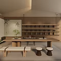 Traditional Wooden Tea Room Interior With Tea Set Bench And Stools
