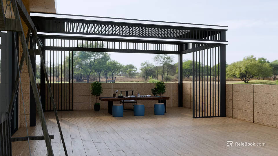 Outdoor Living Space With Black Metal Pergola Table Blue Stools And Plants 3d model 