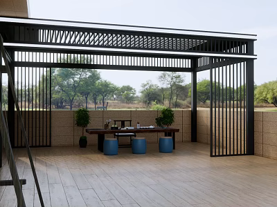 Outdoor Living Space With Black Metal Pergola Table Blue Stools And Plants 3d model