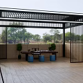 Outdoor Living Space With Black Metal Pergola Table Blue Stools And Plants