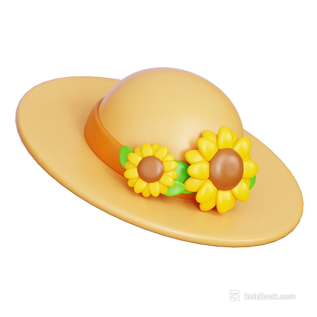 Cute Yellow Straw Hat with Sunflower Decorations and Orange Band 3d model 