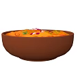 Orange Vegetable Stew in Brown Bowl with Red White Diced Veggies and Green Herbs