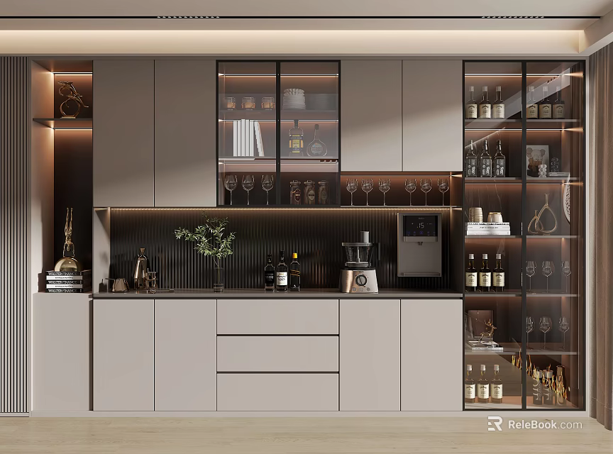 Modern Wine Cabinet With Glass Doors Built in Wine Racks And Wine Glass Storage 3d model 