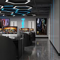 Modern Gaming Cafe Interior With Geometric Lighting Blue Accents Black Seats And Gaming Computers