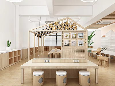 Bright Kindergarten Interior With Wooden Playhouse Kids Tables Green Plants And Activity Area 3d model