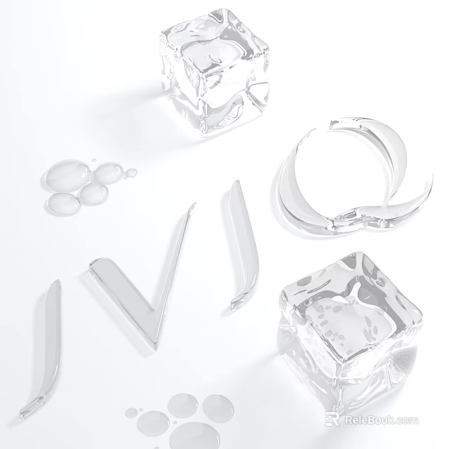 Transparent Ice Cubes And Water Droplets With Geometric Shapes On White Background 3d model 