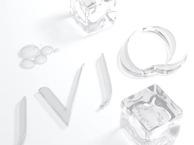 Transparent Ice Cubes And Water Droplets With Geometric Shapes On White Background 3d model