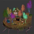 Cartoon Scene Featuring Floating Island Yellow House Trees Wooden Platform And Stairs