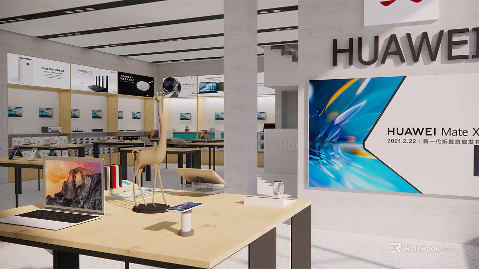 Modern Digital Store with HUAWEI Products Display Shelves Displayed Electronics and Modern Interior 3d model 