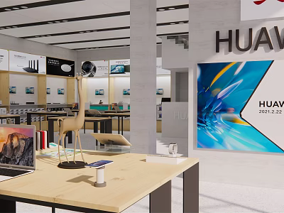 Modern Digital Store with HUAWEI Products Display Shelves Displayed Electronics and Modern Interior 3d model