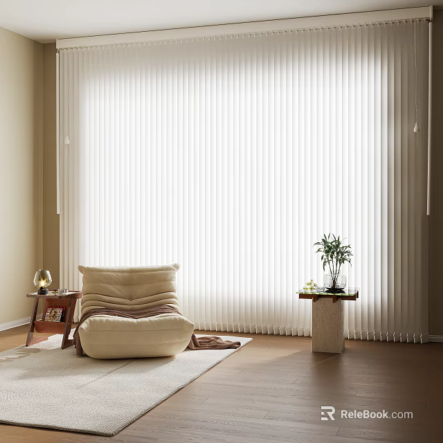 Beige Bean Bag Chair In Cozy Room With White Blinds Side Table And Potted Plant 3d model 