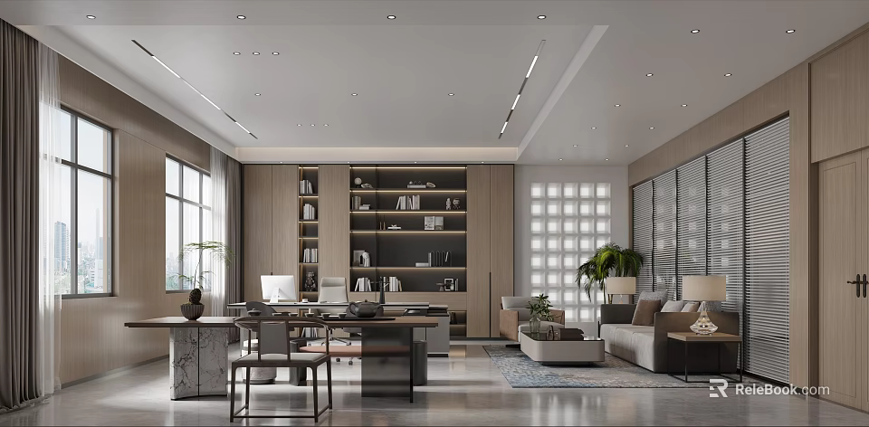Modern Office Interior Design With Bookshelves Desk Sofa Plants And Large Windows 3d model 