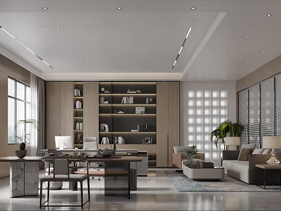 Modern Office Interior Design With Bookshelves Desk Sofa Plants And Large Windows 3d model