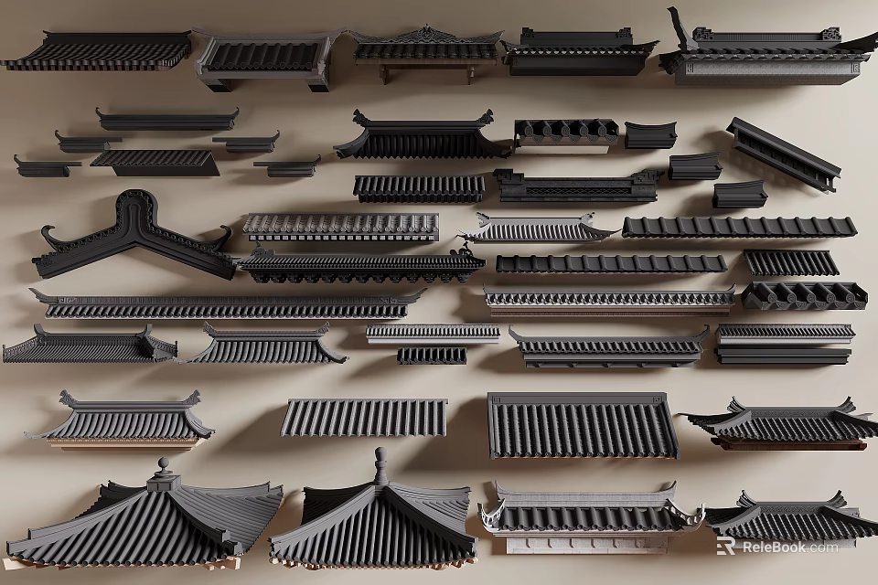 Traditional Chinese Architectural Components With Various Roof Tiles And Eave Structures 3d model 