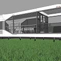 Modern Mobile Cafe With White Exterior Large Glass Windows Green Grass Balloon Decorations Small Balcony