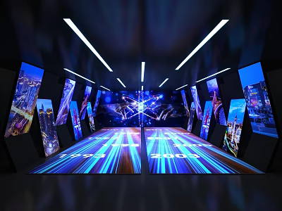 Futuristic Immersive Interior Space With Large Screens And Blue Light Effects 3d model